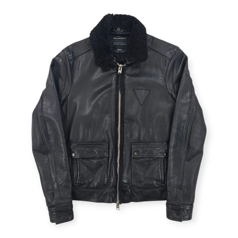 All Saints Shearling Flight Frame Leather Bomber Jacket Black Men's Small