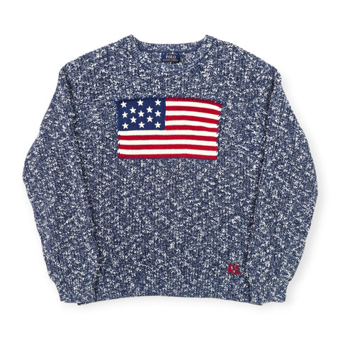 Polo Ralph Lauren USA Flag Knitted Jumper Marled Blue Men's XL