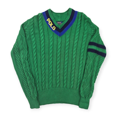 Polo Ralph Lauren Spellout Cable Knit Cricket Jumper Green Men's Medium