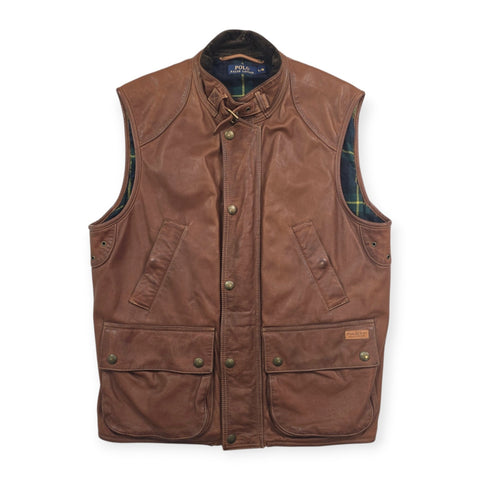 Polo Ralph Lauren Leather Hunting Vest Gilet Jacket Brown Men's Large