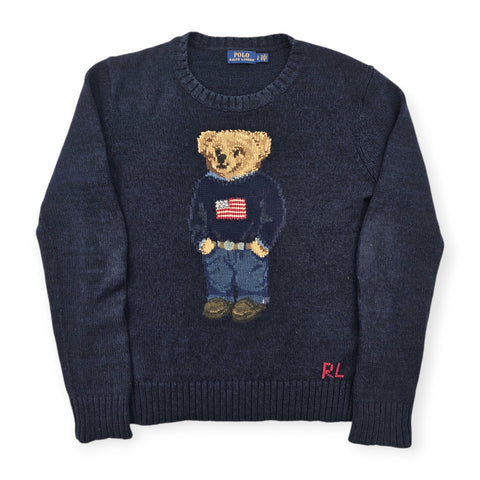 Polo Ralph Lauren USA Flag Bear Knitted Jumper Blue Women's Small