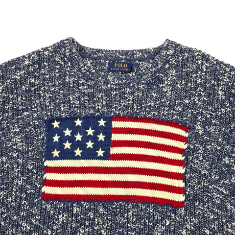 Polo Ralph Lauren USA Flag Knitted Jumper Marled Blue Men's XL