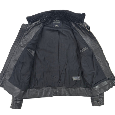 All Saints Shearling Flight Frame Leather Bomber Jacket Black Men's Small