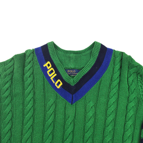 Polo Ralph Lauren Spellout Cable Knit Cricket Jumper Green Men's Medium